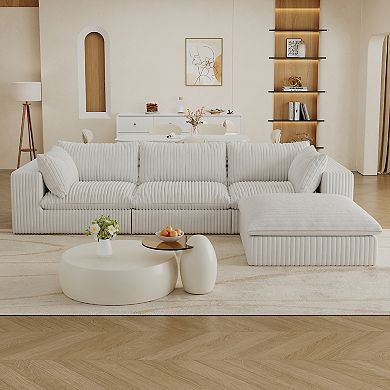 Whisen 118.2" Corduroy 3-Seater Cloud Sofa Deep Seat Couch with Ottoman and Removable Cushions
