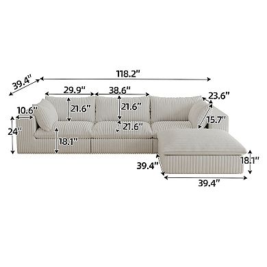 Whisen 118.2" Corduroy 3-Seater Cloud Sofa Deep Seat Couch with Ottoman and Removable Cushions