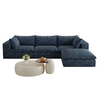 Whisen 118.2" Corduroy 3-Seater Cloud Sofa Deep Seat Couch with Ottoman and Removable Cushions