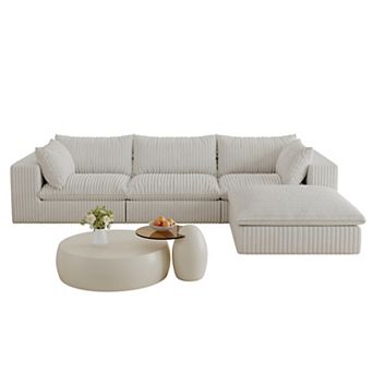 Whisen 118.2" Corduroy 3-Seater Cloud Sofa Deep Seat Couch with Ottoman and Removable Cushions