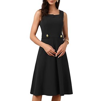 Vintage Work Dress for Women A-Line Square Neck Sleeveless Office Formal Evening Midi Dresses