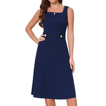 Vintage Work Dress for Women A-Line Square Neck Sleeveless Office Formal Evening Midi Dresses