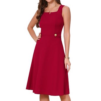 Vintage Work Dress for Women A-Line Square Neck Sleeveless Office Formal Evening Midi Dresses