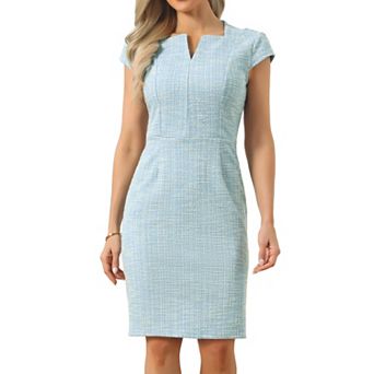 Tweed Dress for Women Elegant Cap Sleeve Notch V Neck Work Office Pencil Dresses