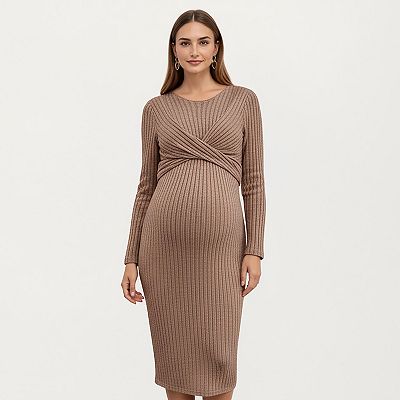 Anna-Kaci Women's Ribbed Knit Maternity Dress with Long Sleeves and Front Twist Detail for Soft Stretch Comfort and a Smooth, Flattering Fit, XL 16-18
