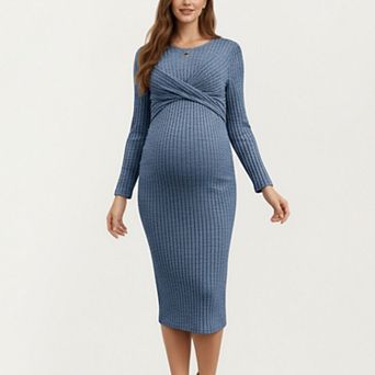 Women's Ribbed Knit Maternity Dress with Long Sleeves and Front Twist Detail