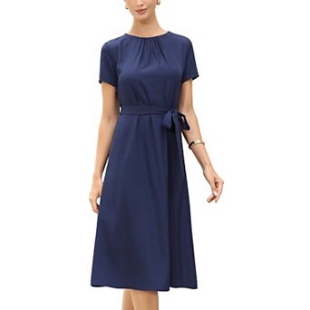 Summer Dress for Women Work Casual Short Sleeve Crewneck A Line Flowy Dresses with Belt