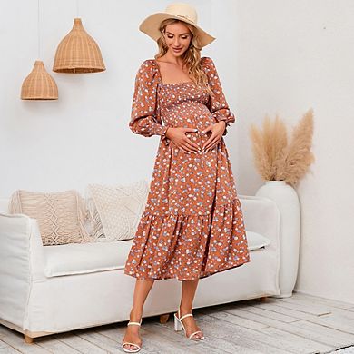 Women Maternity Dress Baby Shower Photoshoot Pregnancy Summer Floral Maxi Long Sleeve Casual Dress