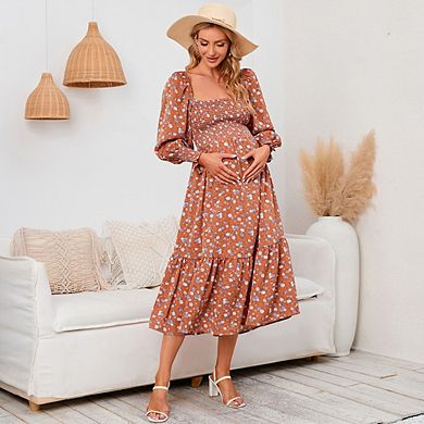Women Maternity Dress Baby Shower Photoshoot Pregnancy Summer Floral Maxi Long Sleeve Casual Dress