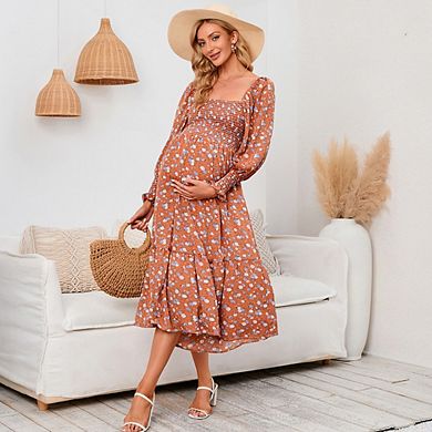 Women Maternity Dress Baby Shower Photoshoot Pregnancy Summer Floral Maxi Long Sleeve Casual Dress