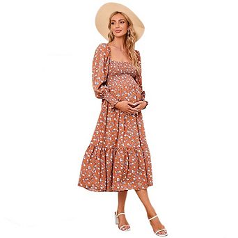 Women Maternity Dress Baby Shower Photoshoot Pregnancy Summer Floral Maxi Long Sleeve Casual Dress