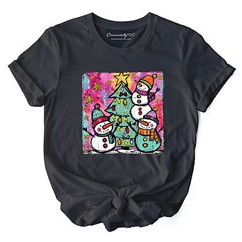 Watercolor Snowmen Christmas Tree T-Shirt, Vintage Holiday Retro Tee