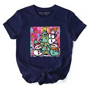 Watercolor Snowmen Christmas Tree T-Shirt, Vintage Holiday Retro Tee