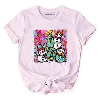 Watercolor Snowmen Christmas Tree T-Shirt, Vintage Holiday Retro Tee