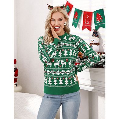 Women's Ugly Christmas Sweaters Snowflake Reindeer Long Sleeve Knit Xmas Sweater Pullover Tops