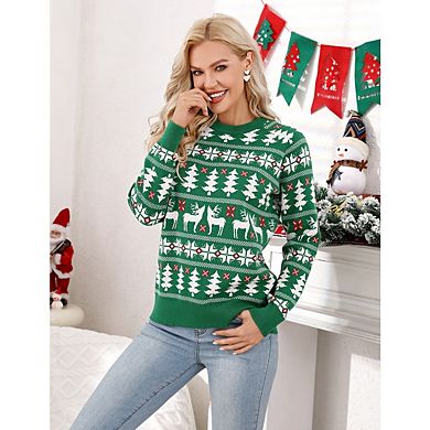 Women's Ugly Christmas Sweaters Snowflake Reindeer Long Sleeve Knit Xmas Sweater Pullover Tops