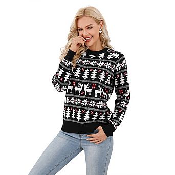 Women's Ugly Christmas Sweaters Snowflake Reindeer Long Sleeve Knit Xmas Sweater Pullover Tops