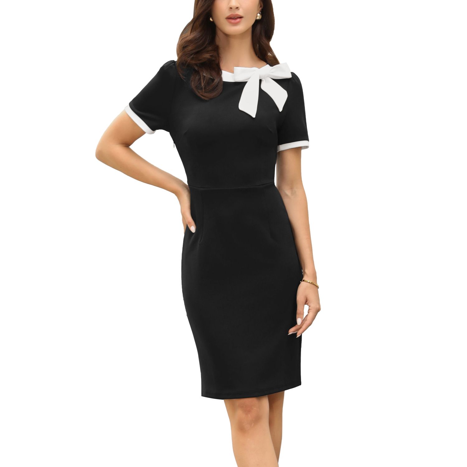 Женские платья Elegant Dress for White Bow Tie Crew Neck Short Sleeves Business Casual Knee Length Dresses