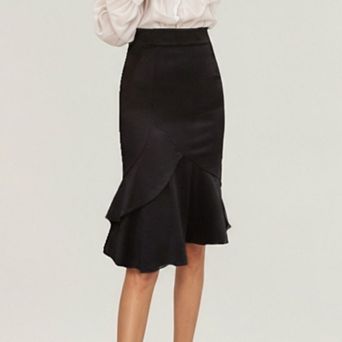 Women’s High Waist Midi Skirt with Soft Flowing Fabric,Curved Overlay Paneling and Flared Ruffle Hem