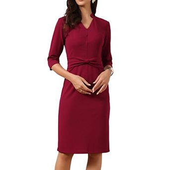Work Dresses for Women 3/4 Sleeve Stand Collared V Neck Business Office Bodycon Sheath Dress