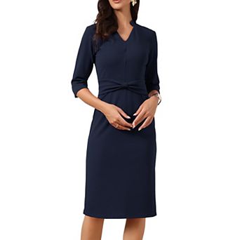Work Dresses for Women 3/4 Sleeve Stand Collared V Neck Business Office Bodycon Sheath Dress
