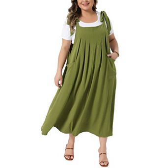 Plus Size Dress for Women Pleated Jumper Dress with Pockets Tie Shoulder Strap Overall Dress