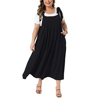 Plus Size Dress for Women Pleated Jumper Dress with Pockets Tie Shoulder Strap Overall Dress
