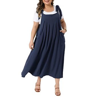 Plus Size Dress for Women Pleated Jumper Dress with Pockets Tie Shoulder Strap Overall Dress