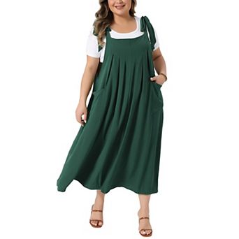 Plus Size Dress for Women Pleated Jumper Dress with Pockets Tie Shoulder Strap Overall Dress