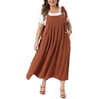 Plus Size Dress for Women Pleated Jumper Dress with Pockets Tie Shoulder Strap Overall Dress