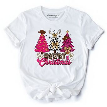 Howdy Pink Christmas Western Christmas T-Shirt, Leopard Print Retro Holiday Tee