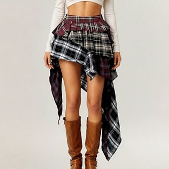 Women's Asymmetric Plaid Mini Skirt with Layered Ruffle Details and Draped Handkerchief Hem Design