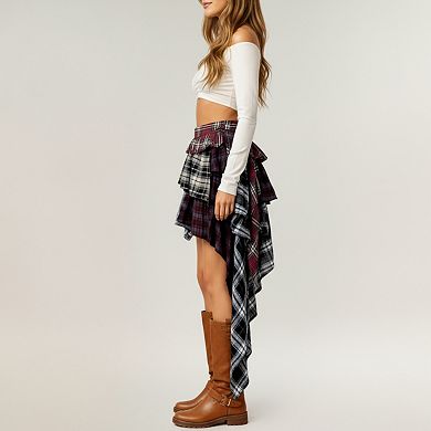 Women's Asymmetric Plaid Mini Skirt with Layered Ruffle Details and Draped Handkerchief Hem Design