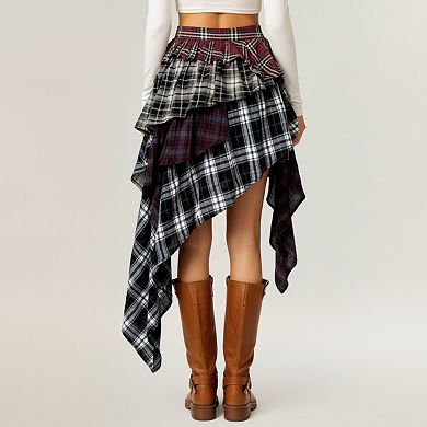 Women's Asymmetric Plaid Mini Skirt with Layered Ruffle Details and Draped Handkerchief Hem Design