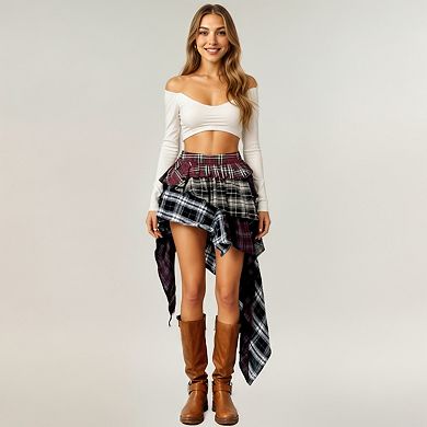 Women's Asymmetric Plaid Mini Skirt with Layered Ruffle Details and Draped Handkerchief Hem Design