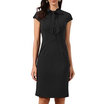 Work Dress for Women Bow Tie Neck Cap Sleeve Button Down Elegant Side Zipper Sheath Dresses