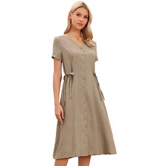 Summer Casual Dress for Women's Button Down V Neck Short Sleeve Drawstring Waist Work Midi Dress