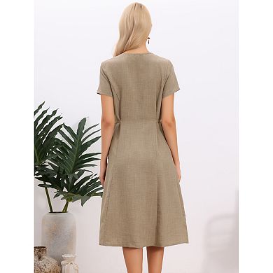 Summer Casual Dress for Women's Button Down V Neck Short Sleeve Drawstring Waist Work Midi Dress