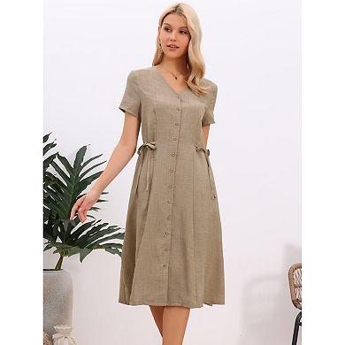 Summer Casual Dress for Women's Button Down V Neck Short Sleeve Drawstring Waist Work Midi Dress