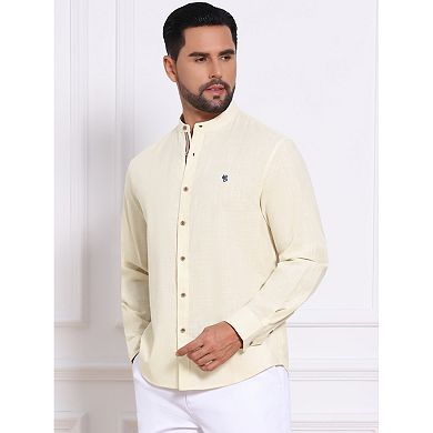 Men's Stand Collar Shirts Long Sleeves Button Down Solid Color Linen Business Shirt