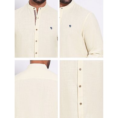 Men's Stand Collar Shirts Long Sleeves Button Down Solid Color Linen Business Shirt