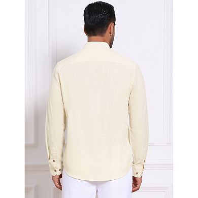 Men's Stand Collar Shirts Long Sleeves Button Down Solid Color Linen Business Shirt