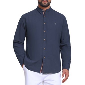 Men's Stand Collar Shirts Long Sleeves Button Down Solid Color Linen Business Shirt