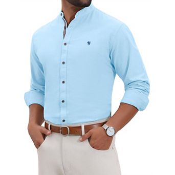 Men's Stand Collar Shirts Long Sleeves Button Down Solid Color Linen Business Shirt