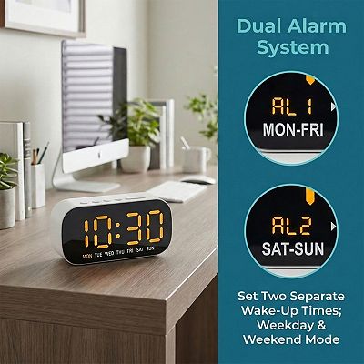 Dimmable LED Alarm Clock - 5-Level Brightness, Dual Alarms, Snooze