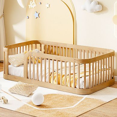 Whisen Wood Floor Bed Frame with Fence