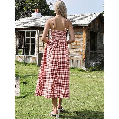 Gingham Maxi Dress for Womens Summer Spaghetti Strap A-Line Flowy Plaid Smocked Sundress