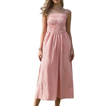 Gingham Maxi Dress for Womens Summer Spaghetti Strap A-Line Flowy Plaid Smocked Sundress