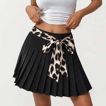 Women’s Pleated Skirt with Leopard Print Waist Tie and Smooth Structured Panels