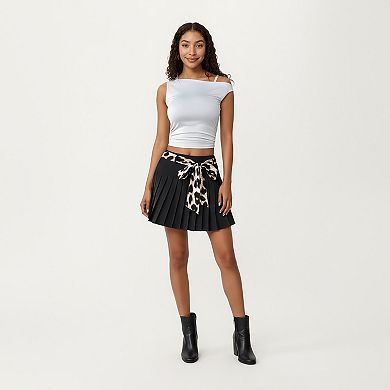 Women’s Pleated Skirt with Leopard Print Waist Tie and Smooth Structured Panels